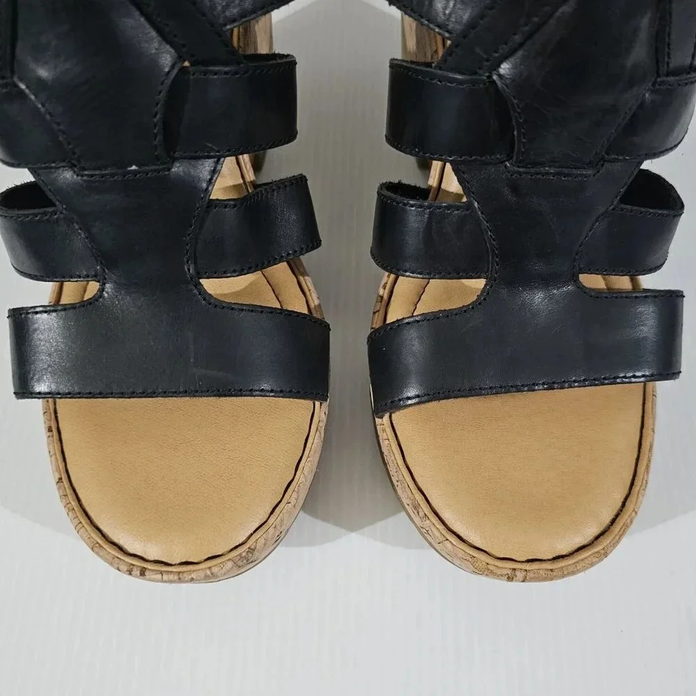 Born Bernese Cage Cork Wedge Sandal Womens 10 Black Leather Summer Platform - Picture 5 of 13